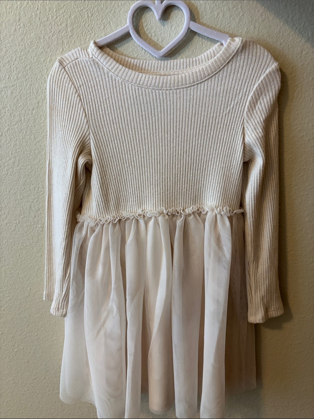 Girls' Cream Long-Sleeve Tulle Dress